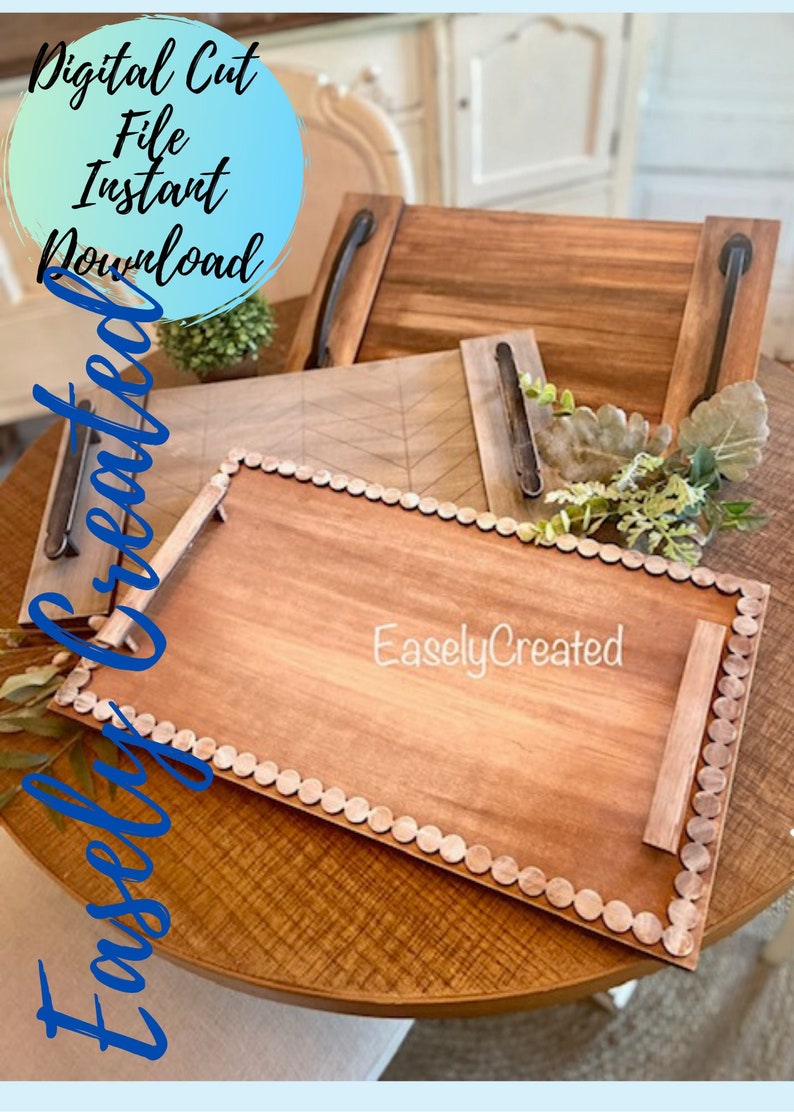 May include: A wooden tray with a decorative beaded edge. The tray is brown and has a white inscription that reads "EaselyCreated".