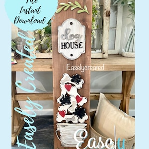May include: A wooden sign with the words "Dog House" on a white plaque. The sign is decorated with a bucket, bones, and paw prints. The sign is on a wooden surface.