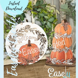 Paquete de colgador de puerta con forma de calabaza y estante con forma de calabaza apilada Archivo digital - Letrero de otoño SVG Letrero de otoño Decoración de calabazas - Glowforge listo para láser