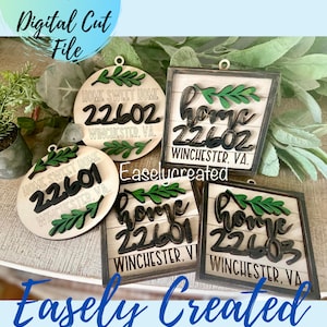 Adorno navideño con código postal para el hogar, archivo digital - Adornos de invierno de granja - Adorno con código postal para el hogar, dulce hogar, Glowforge, SVG listo para usar con láser