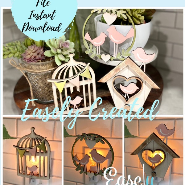 Bundle Spring Birds Birdhouse Bird Cage  Night Light Attachment SVG  Holiday  Glowforge SVG  Nite Lite Interchangeable Seasonal Sign