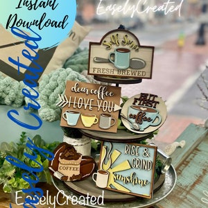 Coffee Tiered Tray Digital Download File - Glowforge Coffee Bar Sign Tiered Tray SVG - DIY Self Serve Coffee Sign themed Tiered Tray SVG