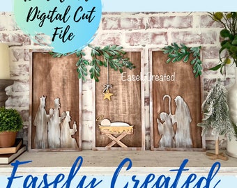 Holy Night Christmas Sign Trio SVG File   Winter Angel Shelf Sitter Sign SVG - Christmas Jesus Sign Sign Glowforge SVG Baby Jesus Nativity