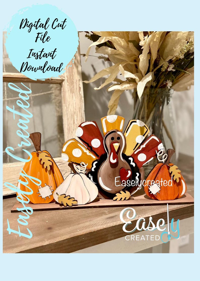 Turkey Pumpkin Trio Shelf Sitter Give Thanks Thanksgiving Fall Digital ...