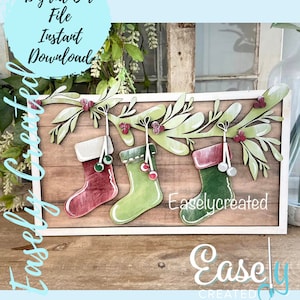 Christmas Stockings Hanging on Branch  SVG File  Holiday  Christmas Display  Sign SVG -  Sign Glowforge Laser Ready