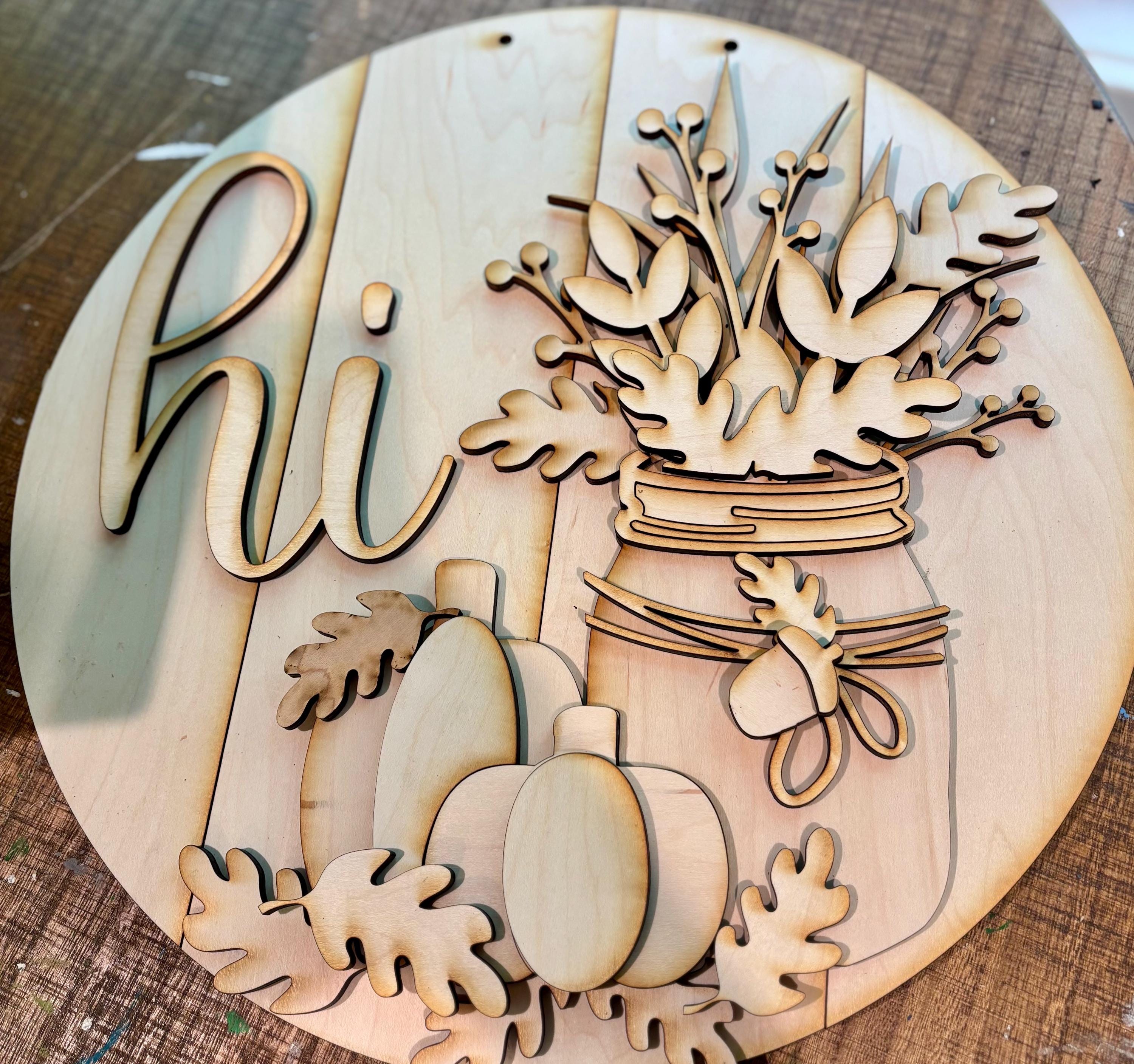 Fall Mason Jar Autumn Flowers and Pumpkin Hi Hello Door Hanger Sign ...