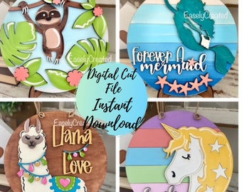 Bundle Kids Door Hanger DIY  Kit SVG  Digital File -Kids DIY Project - Kids Unicorn Sign kids Mermaid laser glowforge door hanger Llama Sign