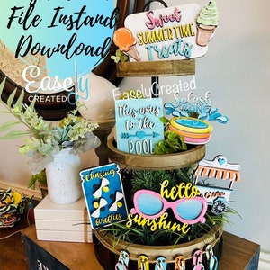 Summer Tiered Tray Digital Download File - Summer Tiered Tray - Pool Tiered Tray DIY Kit -  Ice Cream Tiered Tray Glowforge File