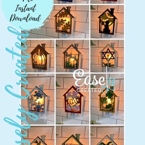 Puede incluir: Un collage de 12 diseños diferentes de luces nocturnas de madera. Cada luz nocturna tiene la forma de una casa con un diseño diferente recortado en la parte delantera. Los diseños incluyen una calabaza, un ciervo, una estrella de David, un corazón, un trébol, un conejito, una cerca y una palmera. El texto "Digital Cut File Instant Download" y "Easily Created" es visible en la imagen.