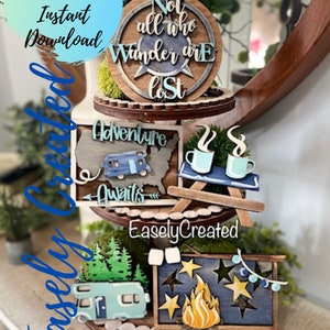 Camping  Tiered Tray Digital Download File - Glowforge Camper RV Tiered Tray Adventure Awaits - Tiered Tray SVG - Campfire S'more Sign