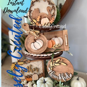 Autumn Tiered Tray Digital Download File - Fall Tiered Tray  Thanksgiving  Tiered Tray DIY Kit  Pumpkin Glowforge File Thankful Sign