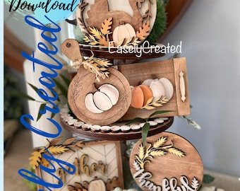 Autumn Tiered Tray Digital Download File - Fall Tiered Tray  Thanksgiving  Tiered Tray DIY Kit  Pumpkin Glowforge File Thankful Sign