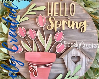 Hello Spring Door Hanger Sign SVG File  - 15&quot; Shiplap Tulip Door hanger Sign SVG Welcome Sign SVG Spring Sign Flower Market Sign Tulip Sign