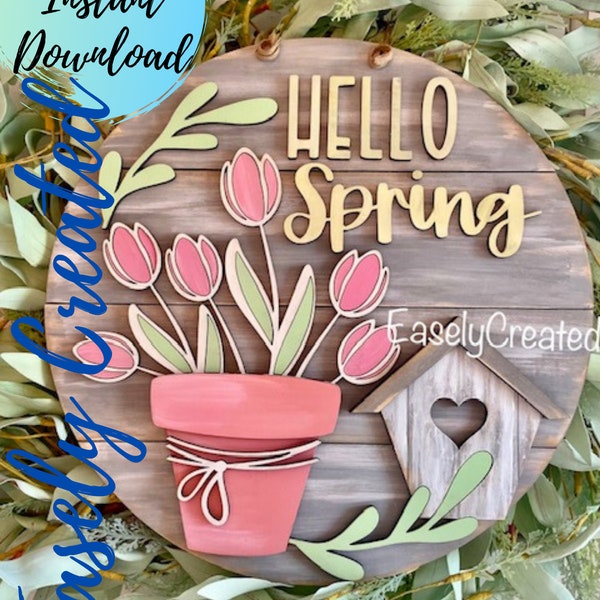 Hello Spring Door Hanger Sign SVG File  - 15" Shiplap Tulip Door hanger Sign SVG Welcome Sign SVG Spring Sign Flower Market Sign Tulip Sign