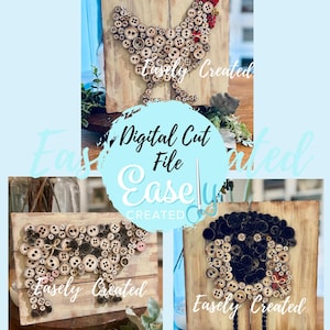 May include: Wooden art pieces featuring button designs of a rooster, sheep, and cow. The rooster has a red comb, the sheep is black, and the cow is brown and pink. Each piece is on a wooden background with the text "Easely Created".