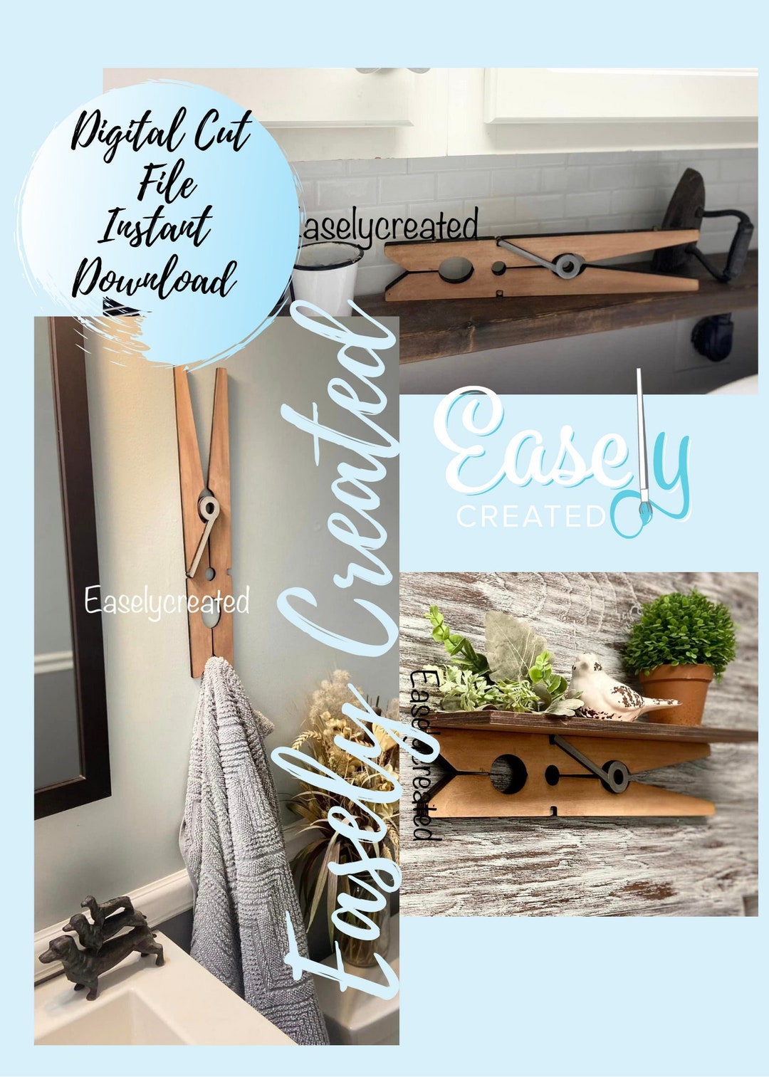 Clothespin Laundry Room Display Shelf Digital File Rustic Farmhousec