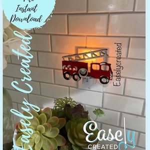 May include: A red fire truck night light plugged into an electrical outlet. The light is on and the fire truck is illuminated. The fire truck has a ladder on the top and a white outline. The fire truck is on a white tile background. The text "Easily Created" is visible in the image.