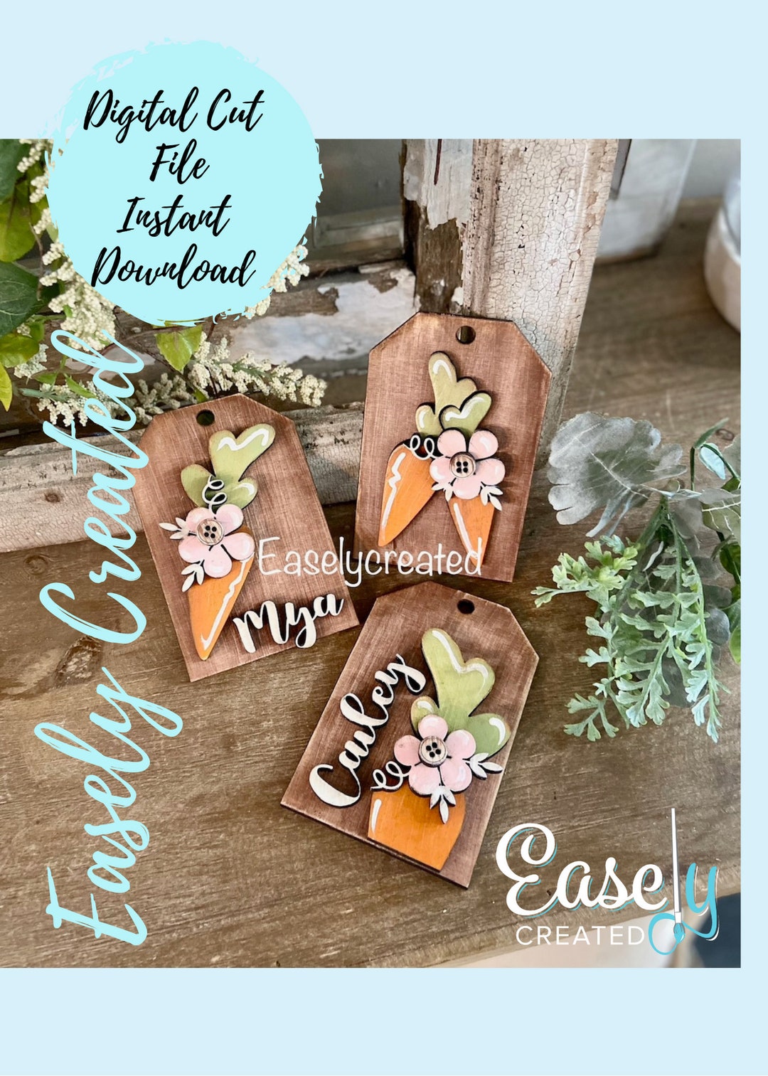 Easter Bunny Carrots With Flowers Tags Sign Glowforge Laser Ready SVG ...