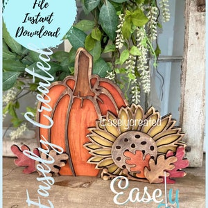Fall Pumpkin Sunflower Chunky  Shelf Sitter  SVG File  Autumn Decor Sign SVG -  Sign Glowforge Laser Ready