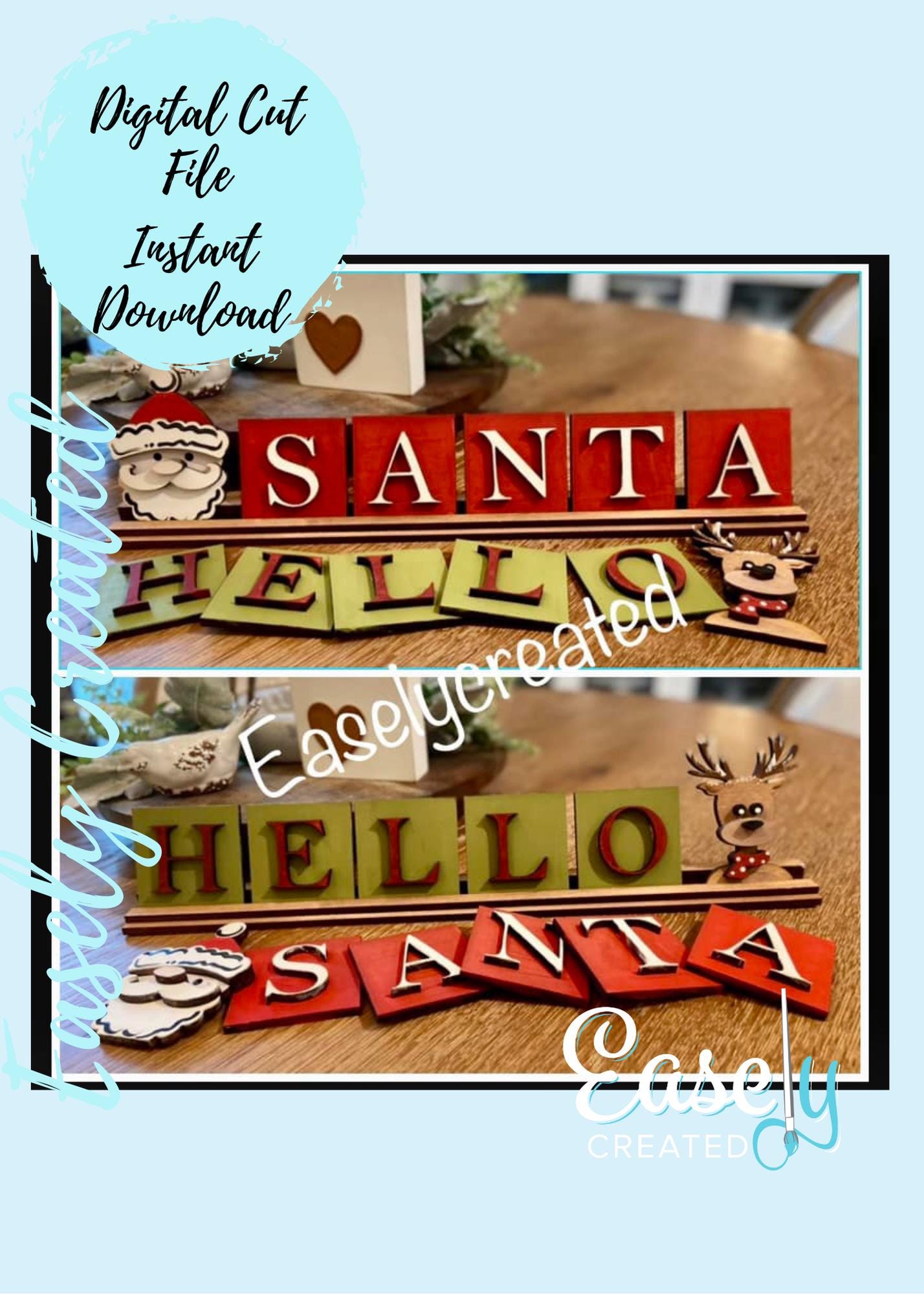 Scrabble Tile Letter Sign Santa and Hello Reindeer Christmas Holiday Sign Shelf Sitter Set SVG File Sign SVG  Glowforge SVG