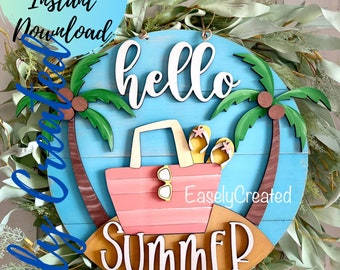 Beach Life Door Hanger  Sign SVG File  - Hello Summer Door Hanger sign- Beach Sign SVG - Home Door Hanger - Beachhouse Sign Glowforge Laser