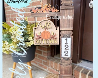 Large Porch Post Sign Interchangeable insert &quot;Hello Autumn&quot;  Porch Sign SVG  Holiday Seasonal Glowforge SVG  Porch Sign