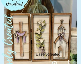 Vertical Trio Shiplap Sign Set Spring Easter He is Risen SVG Holiday Seasonal Glowforge SVG Farmhouse Decor Digital Download Mini Tray Sign