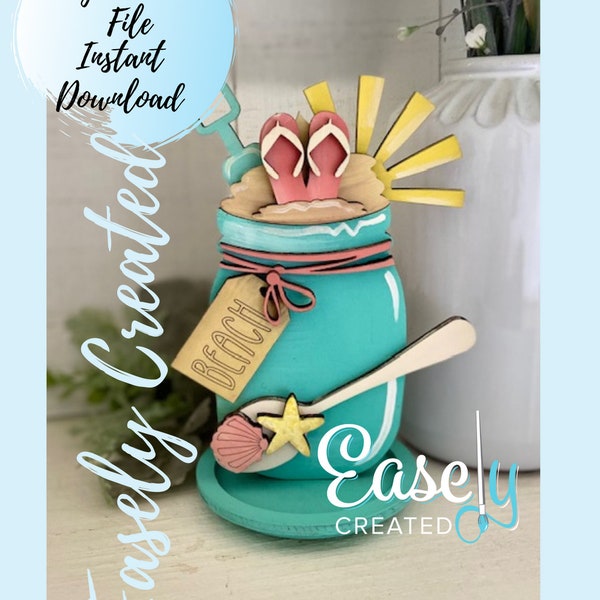 Beach Sunshine Seashell Mini Faux Mason Jar Display with Tiered Tray Decor SVG File - Teacher Gift Card Holder  sign Glowforge Laser Ready