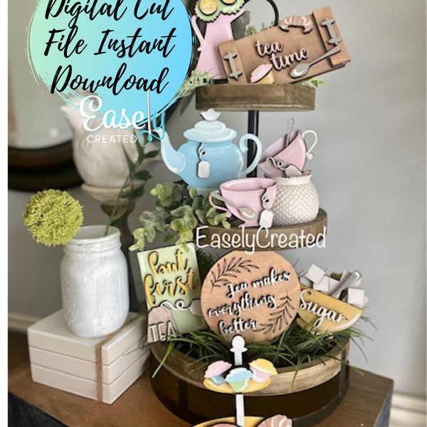 Tea Set Tiered Tray Digital Download File - Tea Party Tiered Tray - TeapotTiered Tray Glowforge File Sweet Treats Tired Tray