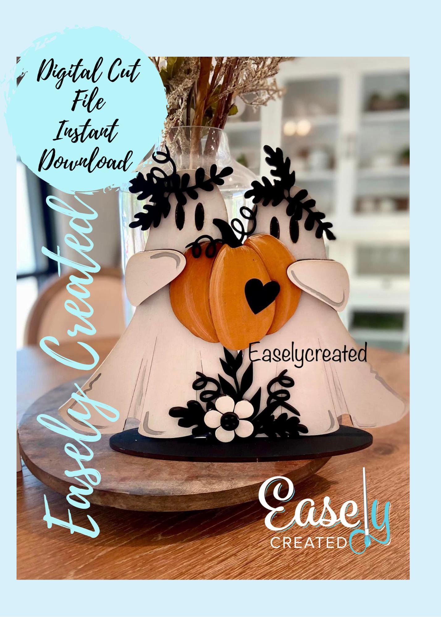 Ghosts with Flowers and Pumpkin Ghost Shelf Sitter  SVG File Halloween Fall Autumn Decor Sign SVG -  Sign Glowforge Laser Ready