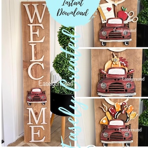 Peut inclure: Une pancarte de bienvenue en bois avec des lettres blanches. Trois découpes de camions rouges avec des thèmes saisonniers différents : l’école, l’automne et Thanksgiving. Les camions sont décorés de divers éléments comme des pommes, des citrouilles et des dindes. Le texte « Easley Created » est visible sur chaque découpe.