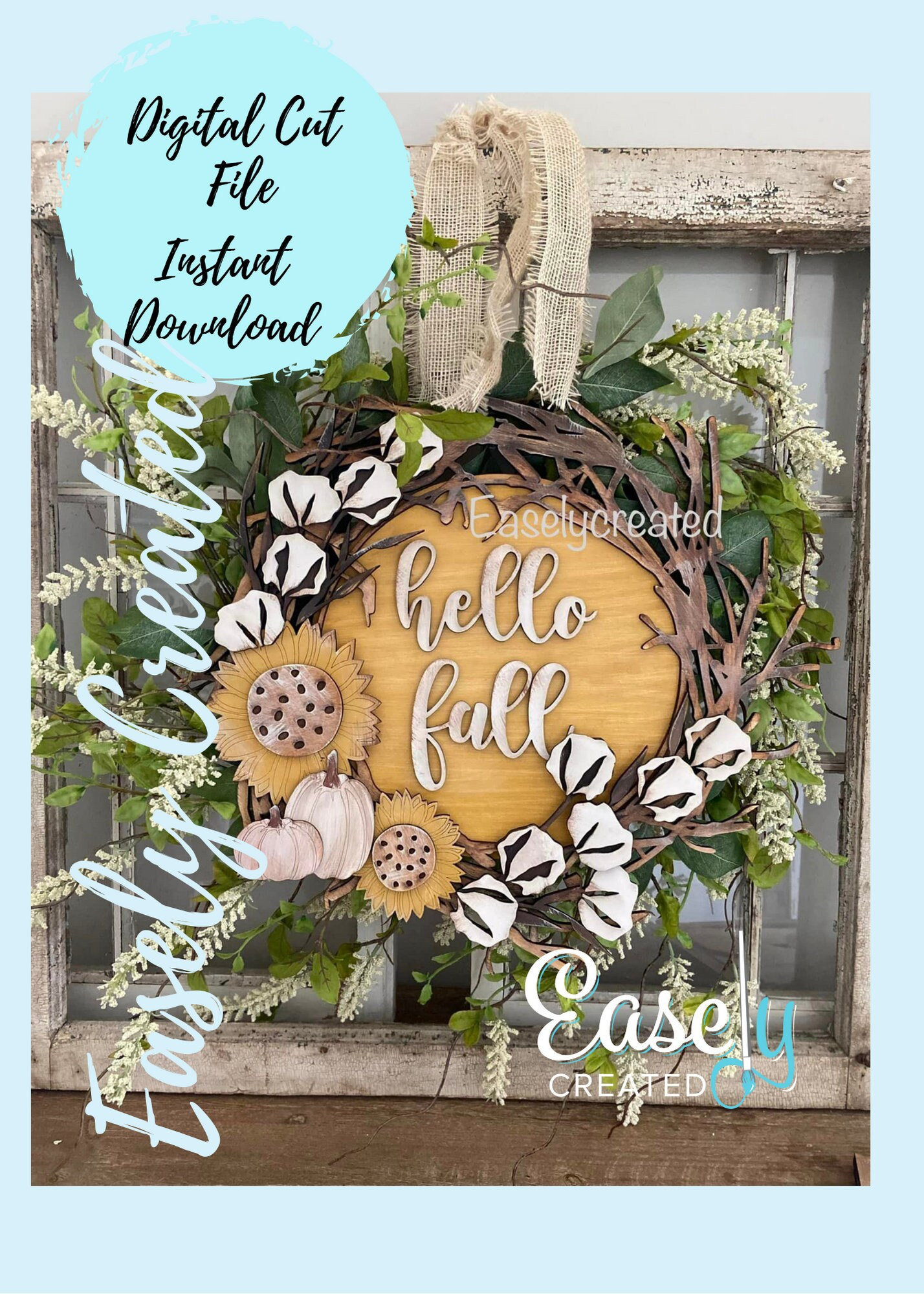 Corona colgante de puerta de algodón con forma de calabaza de otoño, archivo SVG, letrero de porche con forma de girasol y calabaza de otoño SVG - Sign Glowforge SVG