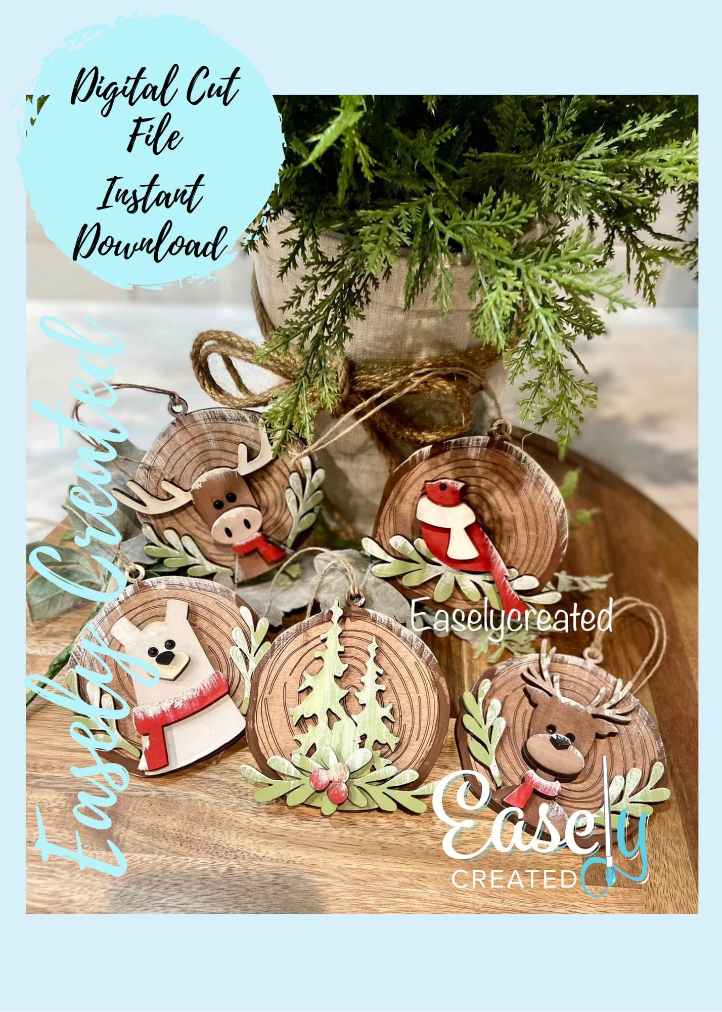Christmas Digital File - Faux Wood Slice Woodland Animal Cardinal