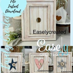 May include: Three digital cut files for a DIY wood sign project. Each file features a different design: a star, a heart, and a snowflake. The signs are painted in a whitewashed wood finish and have a rustic, farmhouse style.