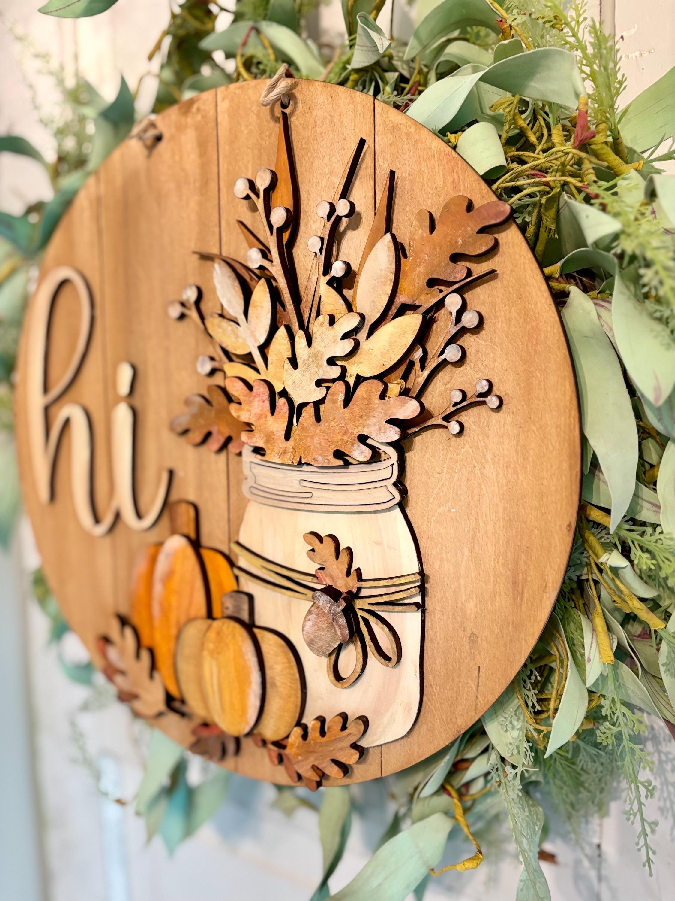 Fall Mason Jar Autumn Flowers and Pumpkin Hi Hello Door Hanger Sign ...