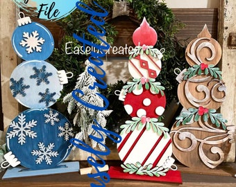 Bundle Christmas Ornament Sign SVG File   Christmas Stacked Ornament Shelf sitter Sign SVG - Holiday Mantel Sign Glowforge SVG