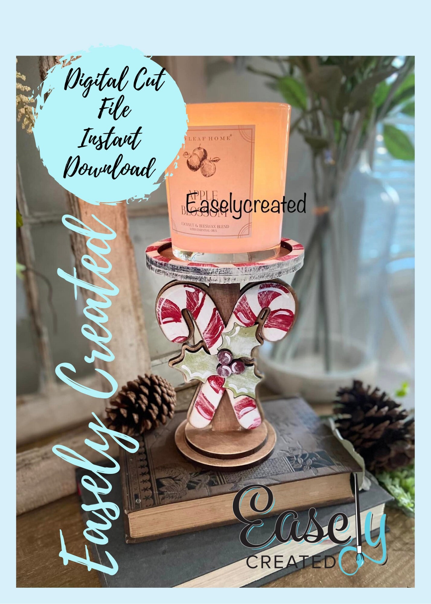 Holiday Candle Holder Stand Winter Candy Cane Holly  Sign SVG  Holiday  Glowforge SVG  Table Setting Display Christmas