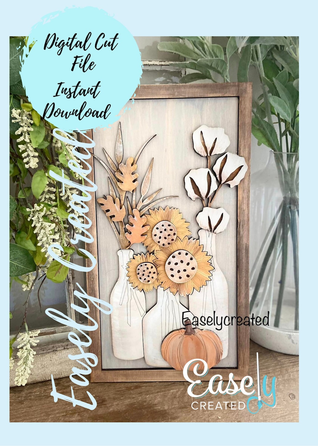 Décoration Porte Automne - Couronne Bois Citrouille Tournesol - Style Ferme 30 Cm
