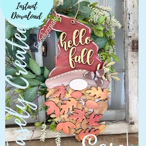 Hello Fall Gnome Door Hanger Wreath SVG File  Autumn Gnome Sign Porch Sign SVG -  Sign Glowforge SVG