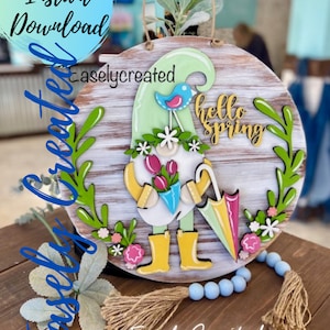 Hello Spring Gnome  Door Hanger Sign SVG File  - 15&quot; Shiplap Gnome Door hanger Sign SVG Welcome Sign SVG Spring Sign Flower Market Sign