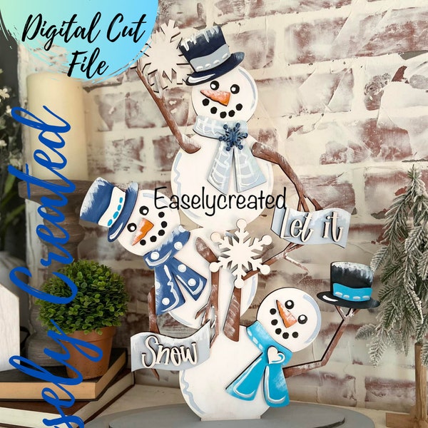 Snowman Family Shelf Sitter  Sign SVG File  - Let it Snow Sign Christmas Sign SVG S -Winter Snowman Stacked Snowmen Family Sign