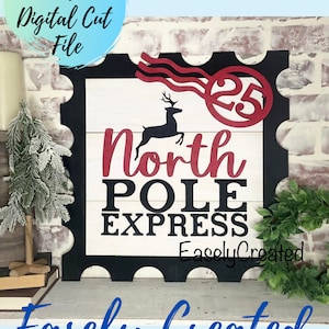 Sello postal con el cartel de North Pole Express, letrero navideño con mensaje alegre, archivo SVG, letrero navideño de Papá Noel, letrero de invierno del 25 de diciembre, Glowforge SVG
