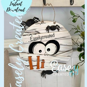 Halloween Mummy Door Hanger Spider Hello  Door Hanger SVG File  Autumn  Fall Pumpkin  Porch Sign SVG -  Sign Glowforge SVG