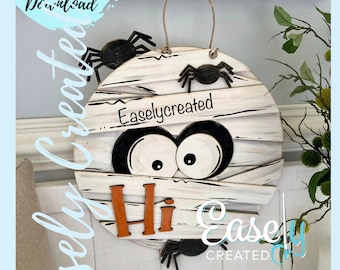 Halloween Mummy Door Hanger Spider Hello  Door Hanger SVG File  Autumn  Fall Pumpkin  Porch Sign SVG -  Sign Glowforge SVG
