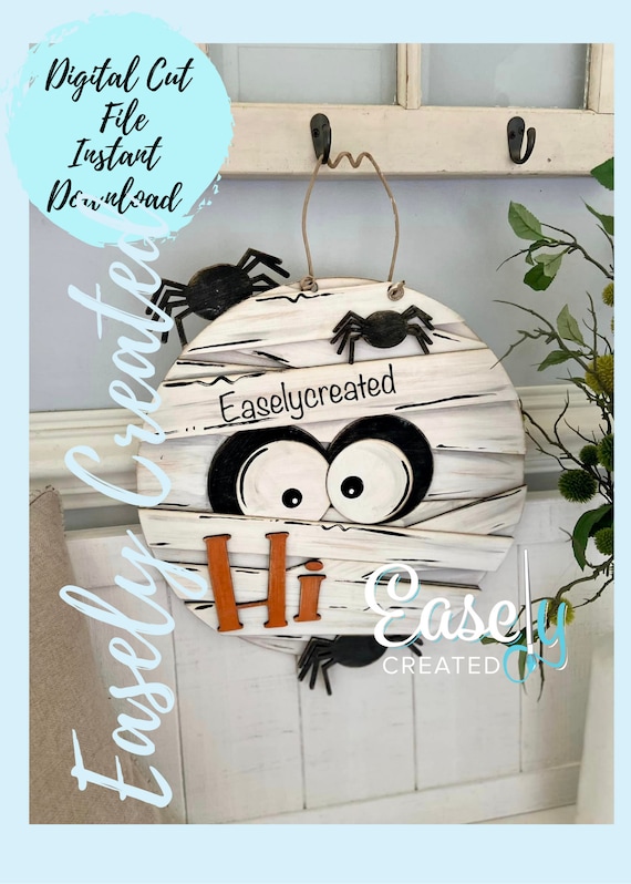 Halloween Mummy Door Hanger Spider Hello  Door Hanger SVG File  Autumn  Fall Pumpkin  Porch Sign SVG -  Sign Glowforge SVG