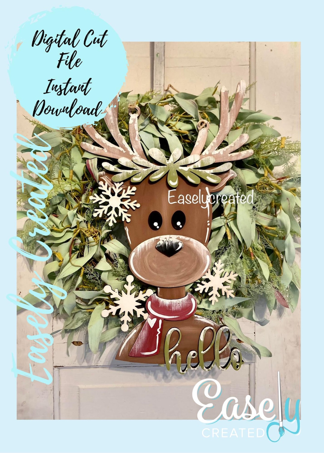 Hello Deer Reindeer Winter Christmas Door Hanger Hi Sign SVG Holiday ...