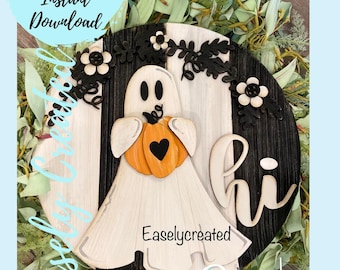 Ghost with Pumpkin Fall Hi Door Hanger Sign SVG  Holiday Fall Autumn Seasonal Glowforge SVG  Sign Halloween Farmhouse Decor