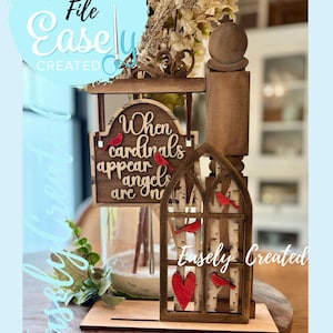 May include: Wooden decorative sign featuring the text "When cardinals appear angels are near" and red cardinal bird accents. The sign is part of a digital cut file, with the words "Easely Created" in the image.