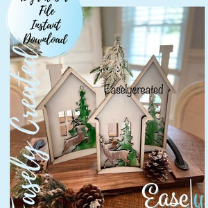 House Trio Winter Deer and Trees SVG  Digital File -  Christmas Display SVG Glowforge Laser Ready - Wooden chunky House Shelf Sitter SVG -