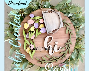 Interchangeable 15&quot; Round Seasonal insert for Bucket Door Hanger &quot;Spring Tulips&quot; Sign SVG  Holiday Porch Laser Ready  Glowforge SVG  Sign